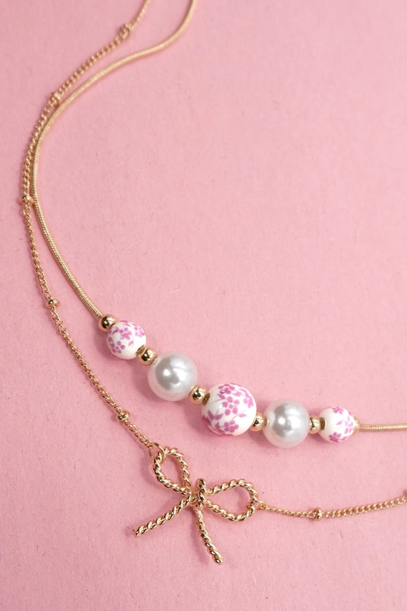 Pink Ceramic Bow Layered Chain | Gold Necklace