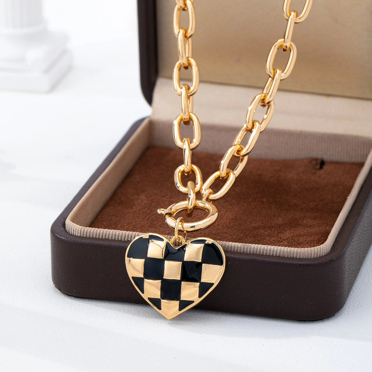 Checkered Heart Front Toggle Necklace | Gold/Black