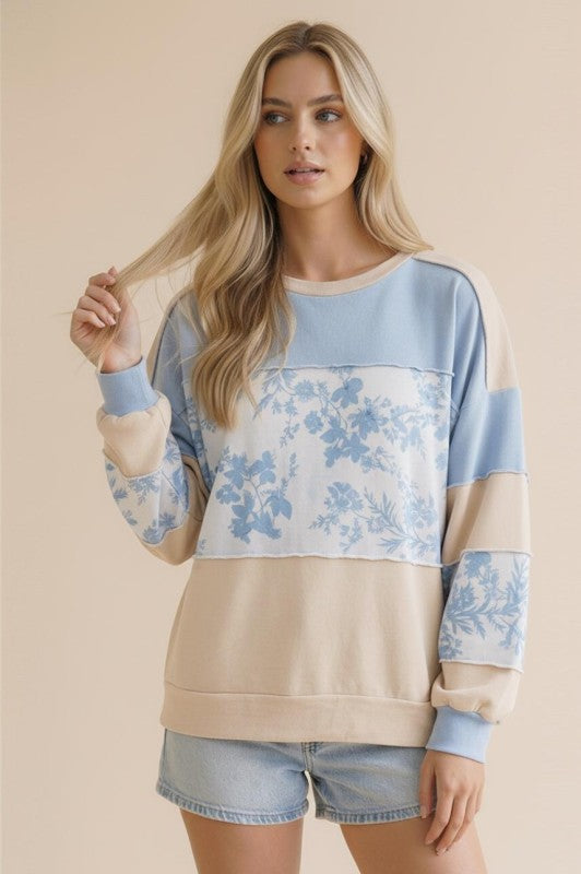 French Terry Floral Color Block Top | Cream/Blue