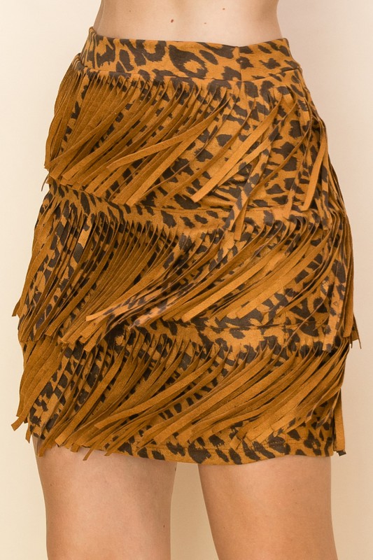 Layered Suede Fringe Skirt | Leopard