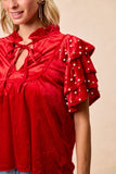 Velvet Pearl Ruffled Front Tie Top | Red