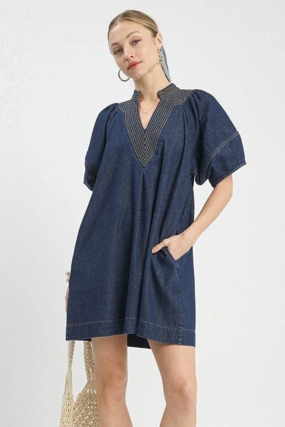 Deep V-Neck Denim Dress | Dark Wash
