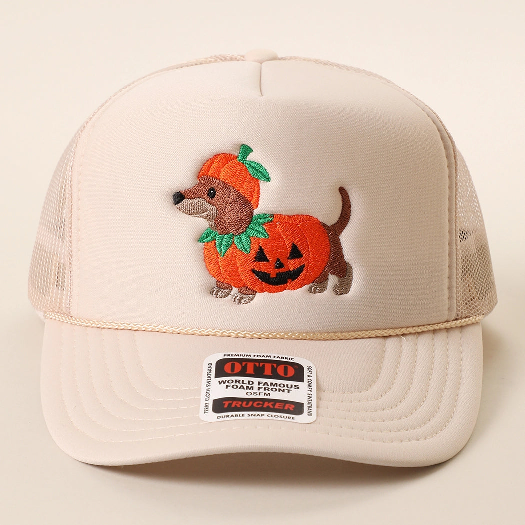 Pumpkin Dachshund Foam Trucker Cap | Tan