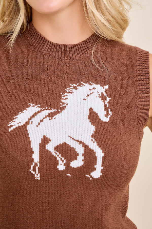 Horse Print Knit Vest Top | Brown