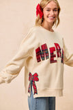 Merry Plaid Side Bow Patch Sweater Top | Cream