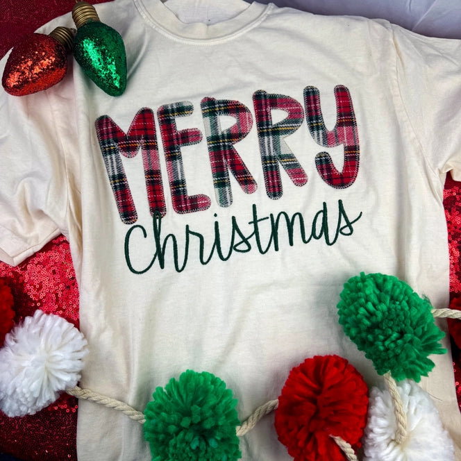 Merry Christmas Plaid Embroidered Tee | Cream