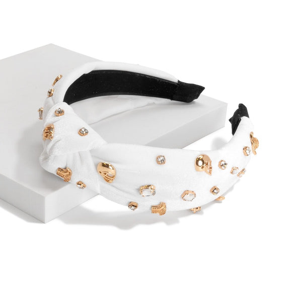 Football Velvet Embellished Knot Headband | White
