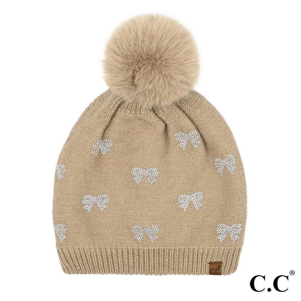 Rhinestone Bow Pom Beanie | Taupe