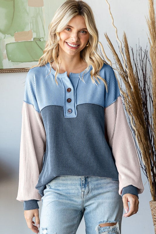Color Block Rib Button Top | Blue