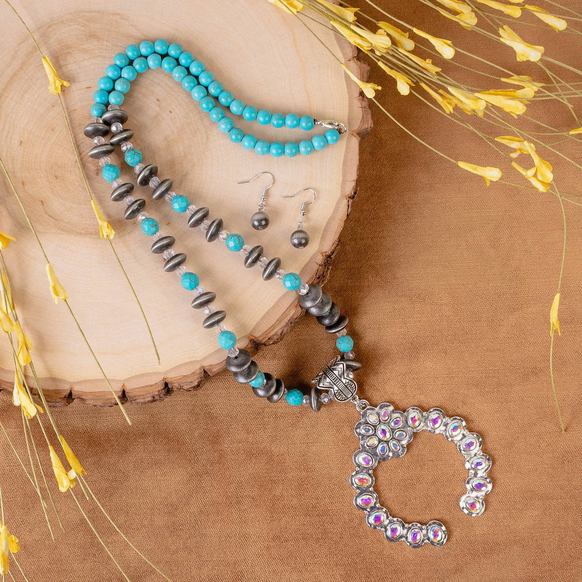 Western Necklace | Silver Turquoise Crystal Squash Blossom
