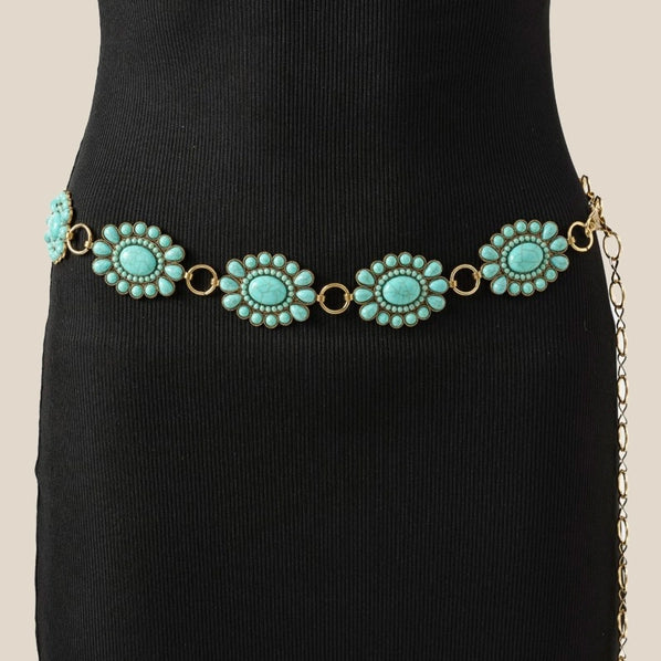 Western Stone Bead Concho Belt | Turquoise/Gold