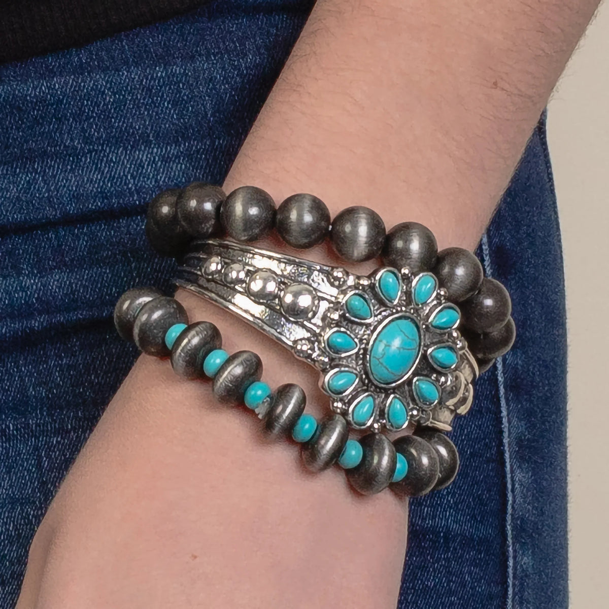 Western Bracelet Cuff Set | Squash Blossom Turquoise Silver