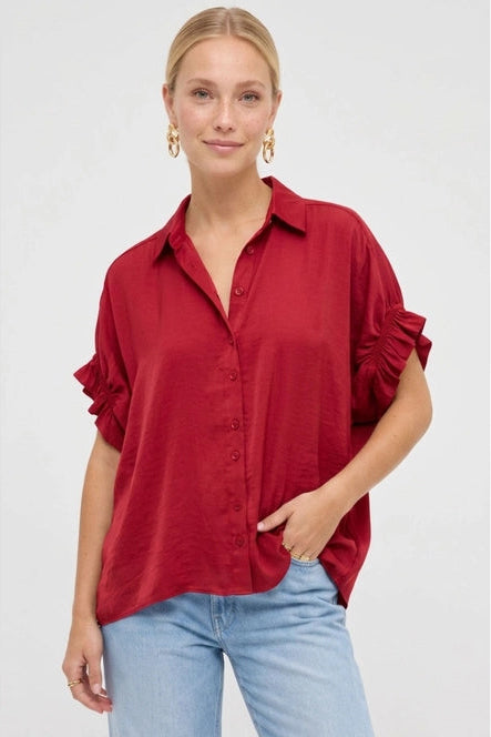 Satin Ruffle Sleeve Button Up Top | Red