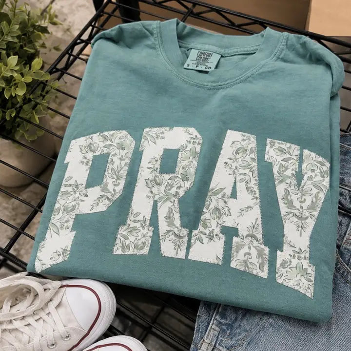 PRAY Floral Embroidered Patch Tee | Dark Sage