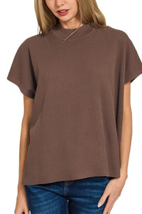 Ribbed Mock Neck Boxy Sweater Top | Brown