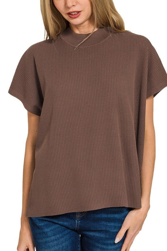 Ribbed Mock Neck Boxy Sweater Top | Brown