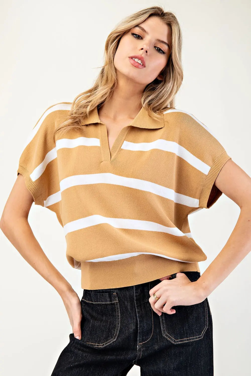 Striped Collar V-Neck Top | Camel