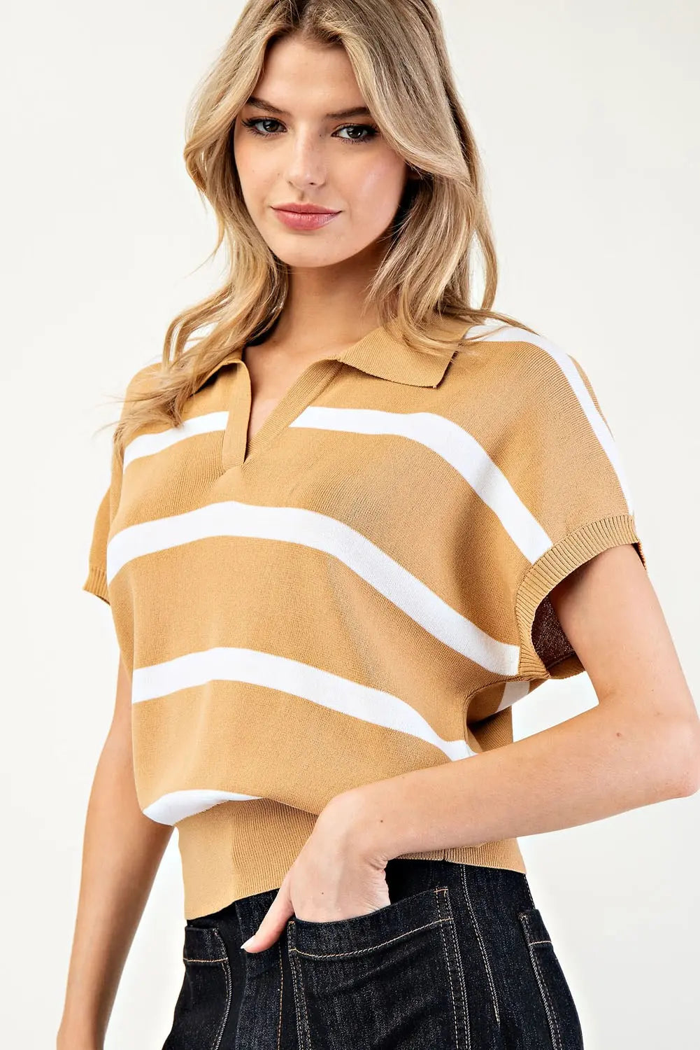 Striped Collar V-Neck Top | Camel