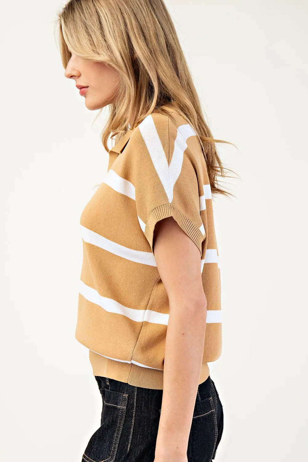 Striped Collar V-Neck Top | Camel