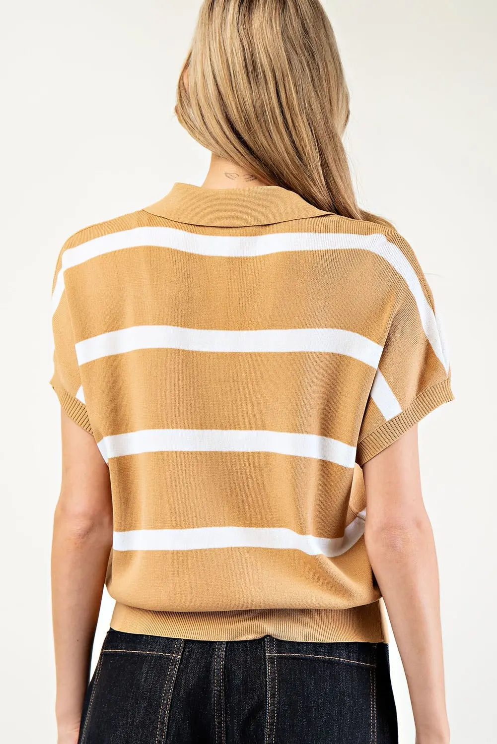 Striped Collar V-Neck Top | Camel