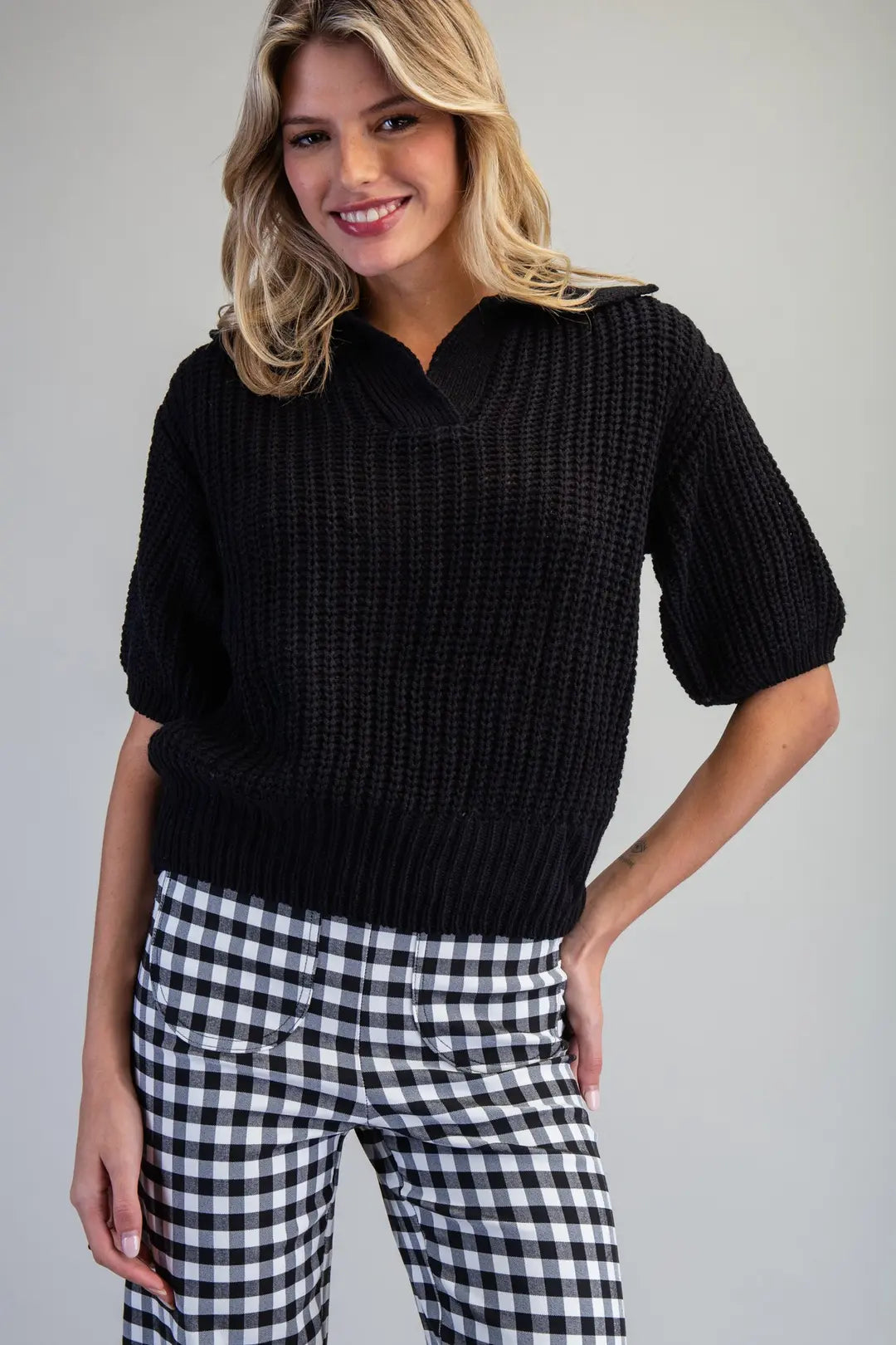 Ribbed Collar Sweater Top | Black