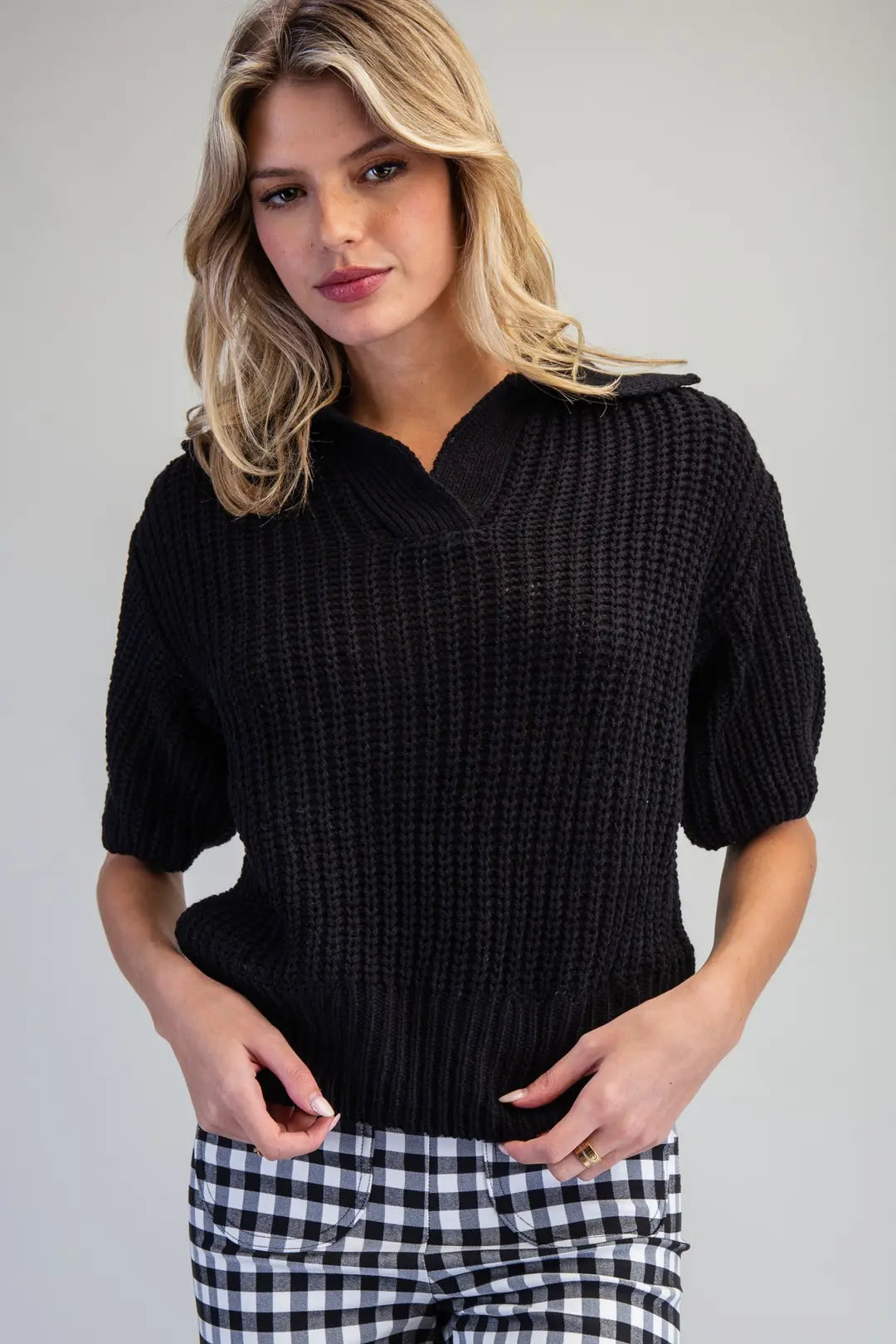 Ribbed Collar Sweater Top | Black