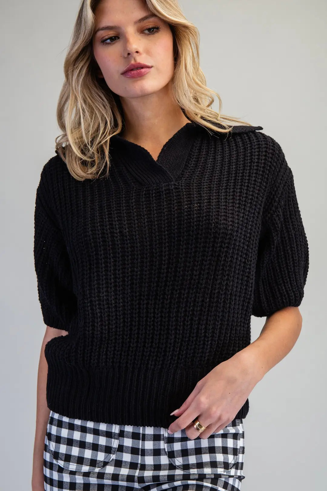 Ribbed Collar Sweater Top | Black