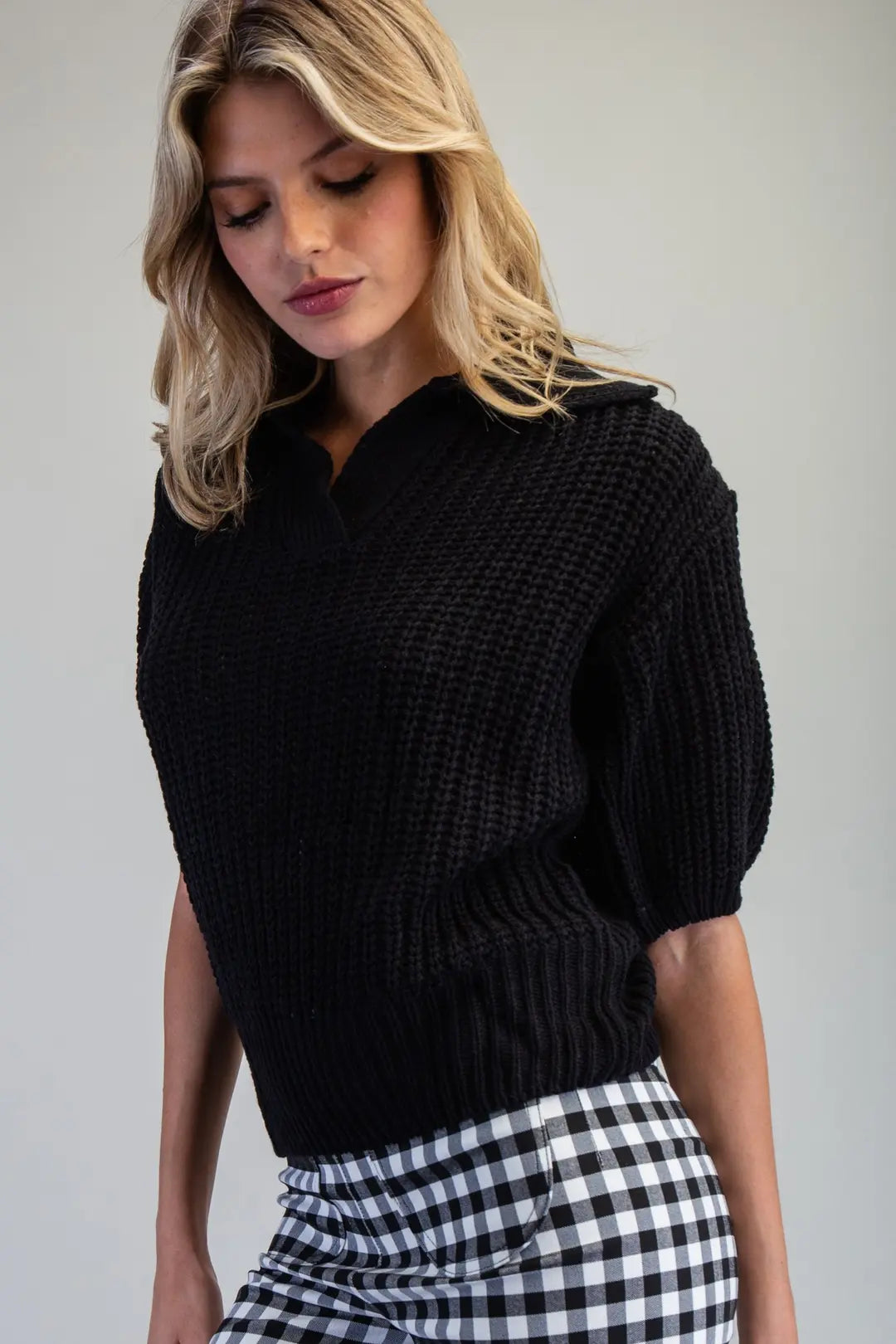 Ribbed Collar Sweater Top | Black