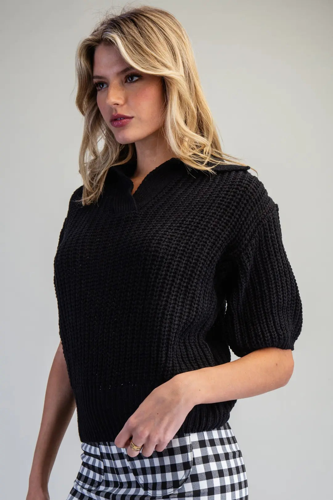 Ribbed Collar Sweater Top | Black