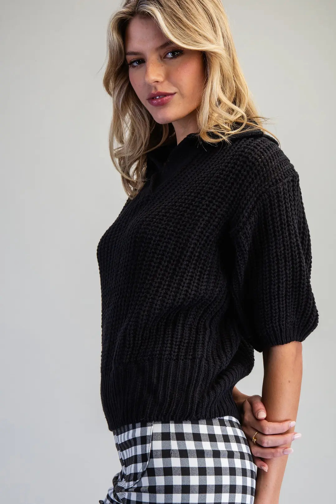 Ribbed Collar Sweater Top | Black