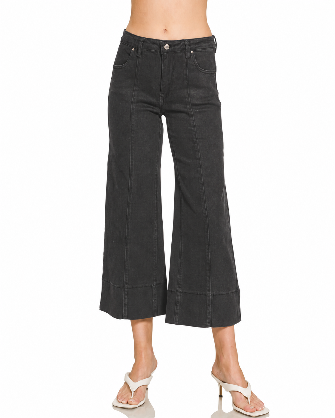 Mid Rise Cropped Wide Leg Denim Pants | Black