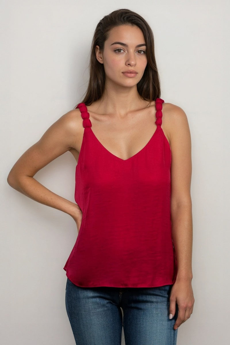 Silky Bubble Puff Strap Detail Tank Top | Crimson