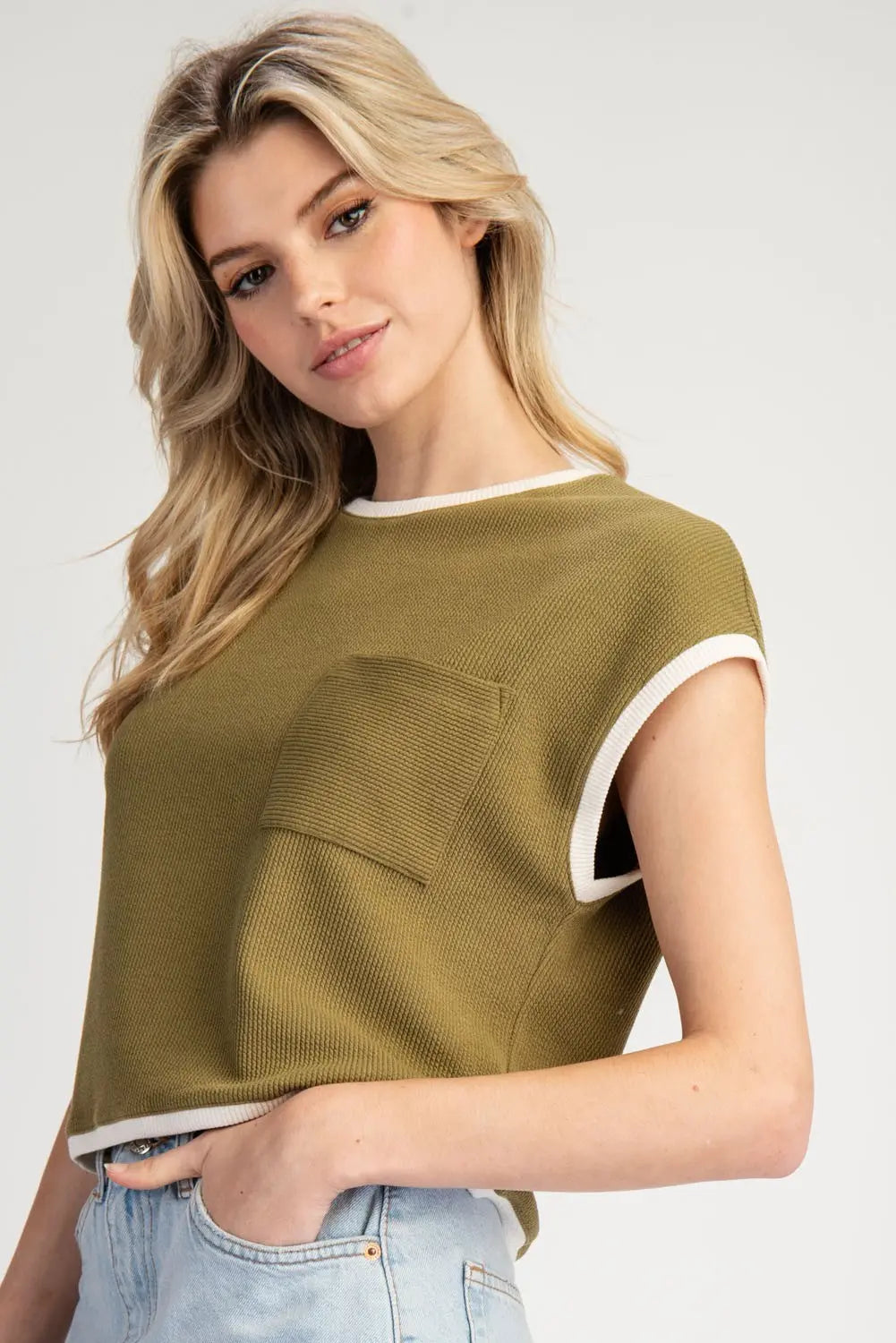 Tow Tone Round Neck Crop Top | Military Green