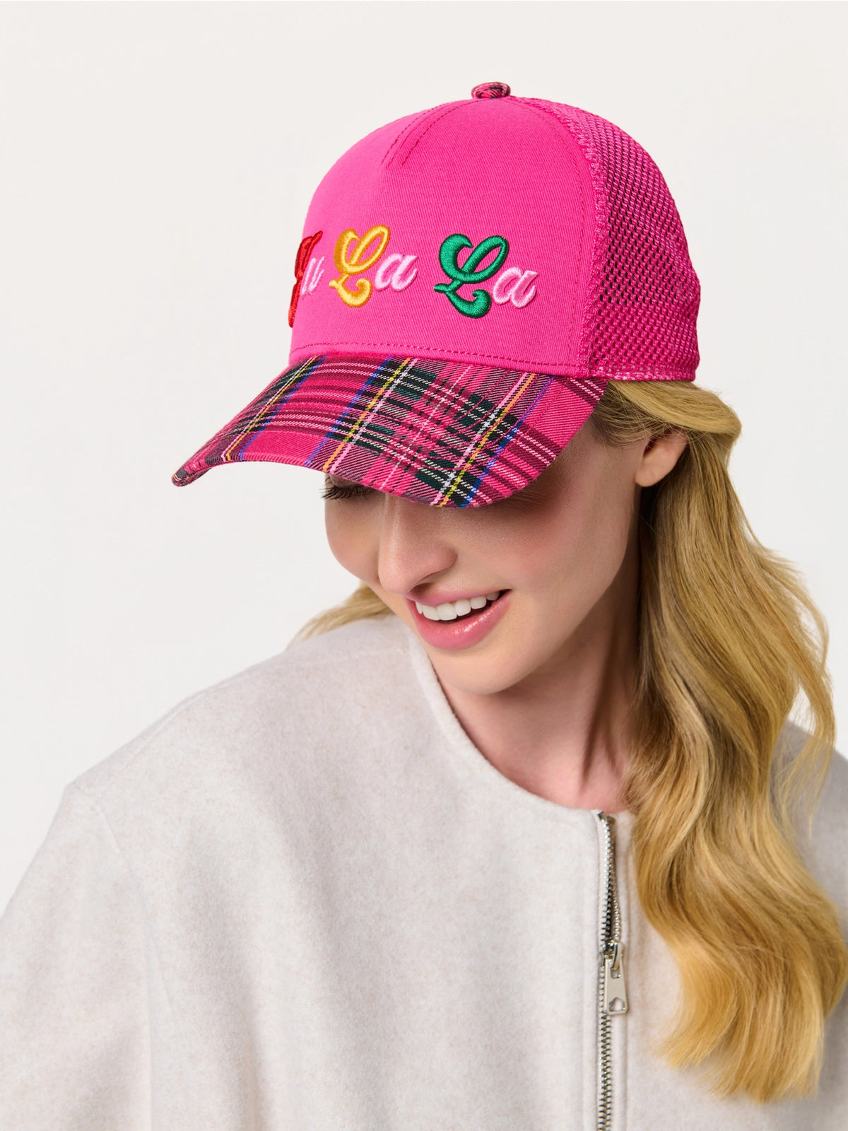 Merry Canvas Plaid Mesh Back Cap | Pink