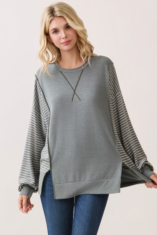 Stripe Contrast Pullover Top | Vintage Olive