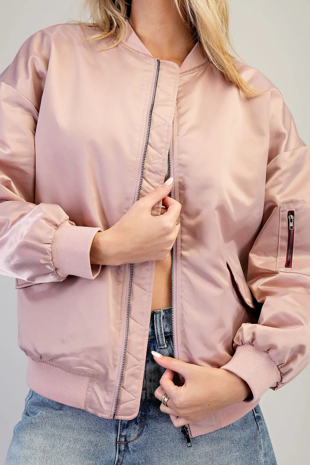 Zip Sleeve Bomber Jacket | French Rose