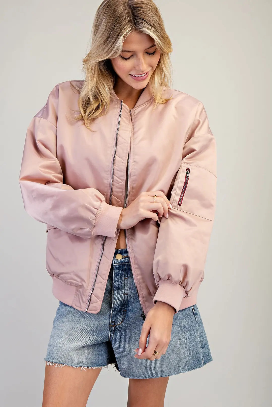 Zip Sleeve Bomber Jacket | French Rose