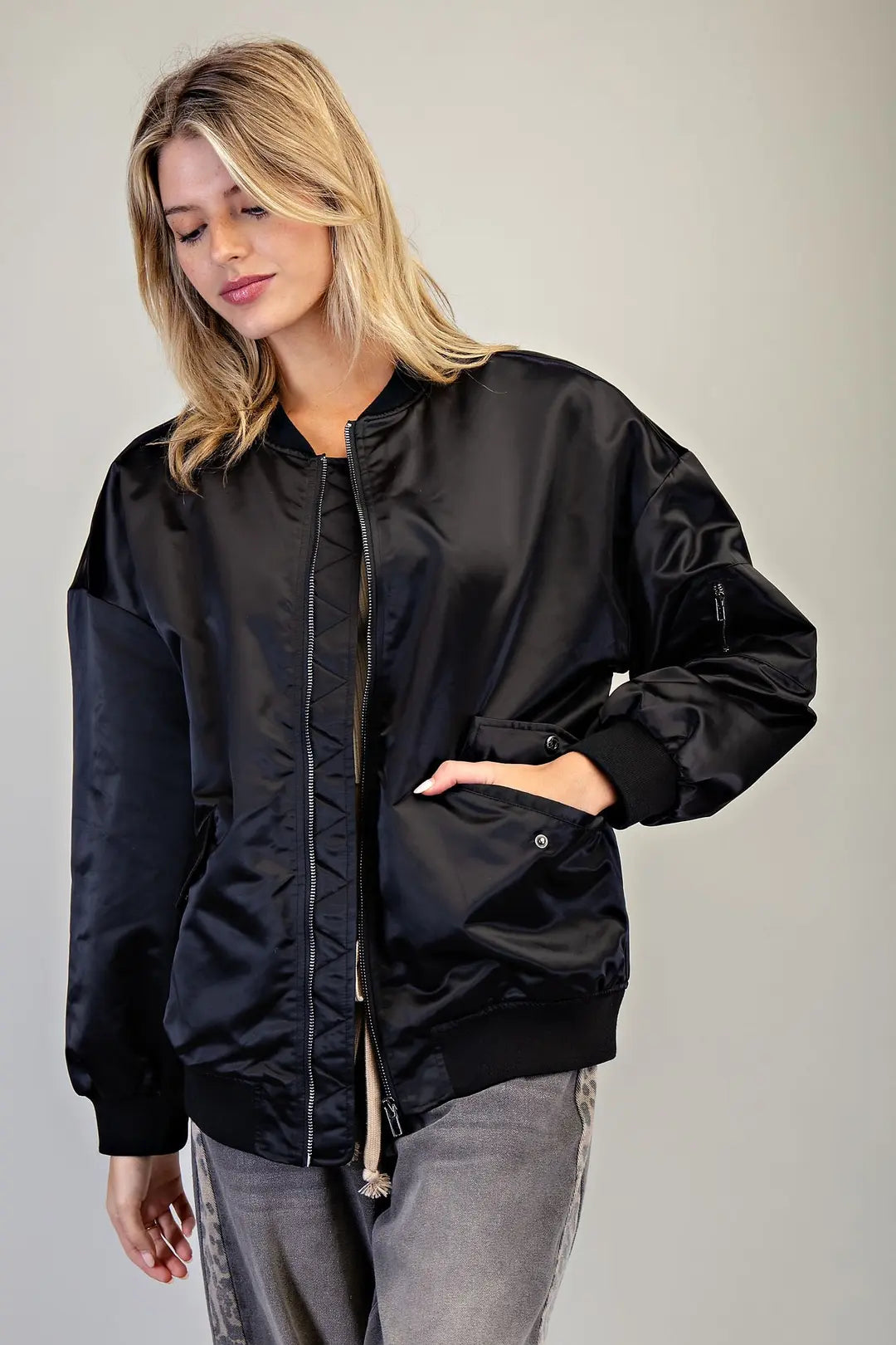 Zip Sleeve Bomber Jacket | Black
