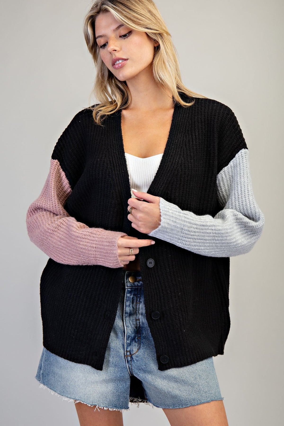 Colorblock Knit Cardigan | Black Mix