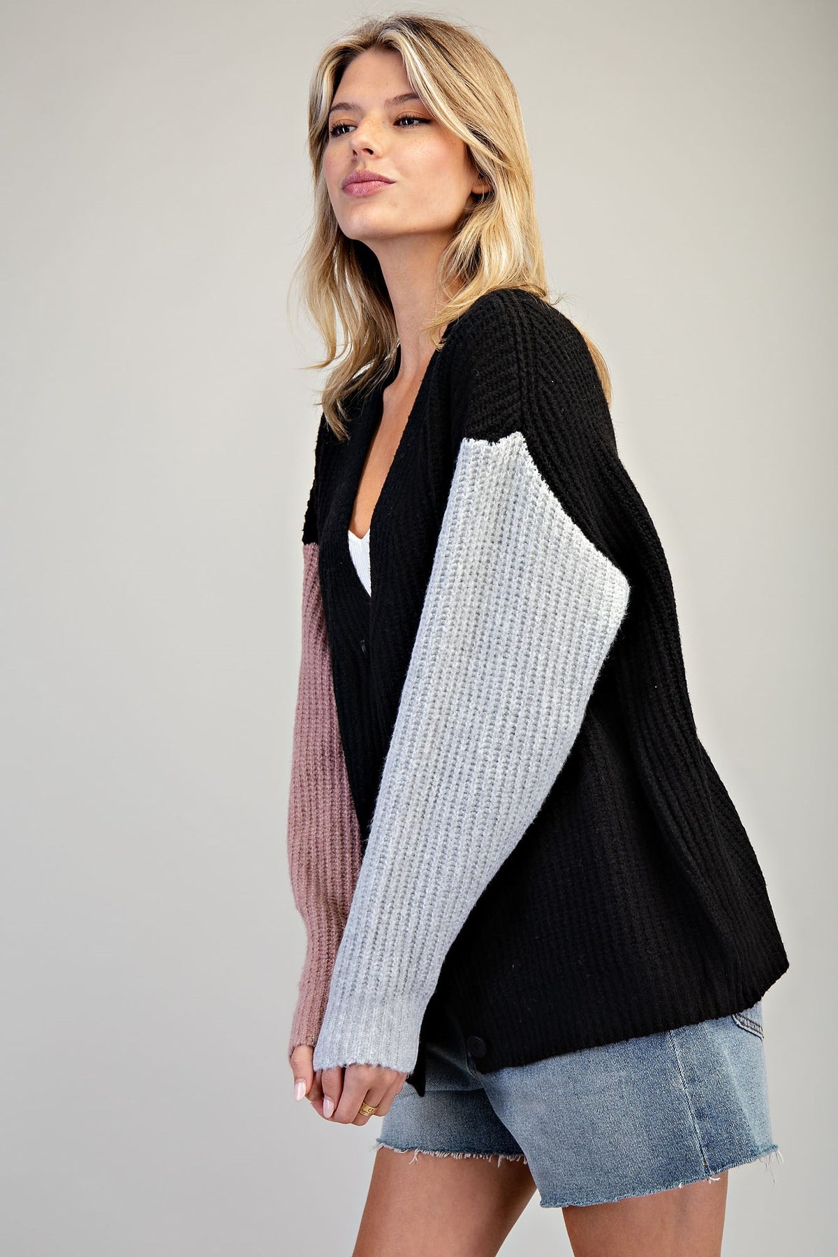 Colorblock Knit Cardigan | Black Mix