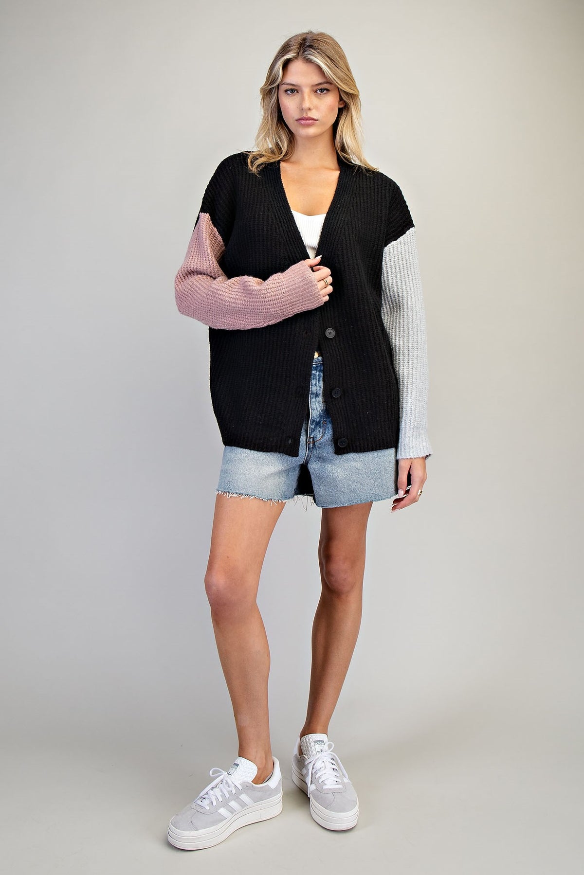 Colorblock Knit Cardigan | Black Mix