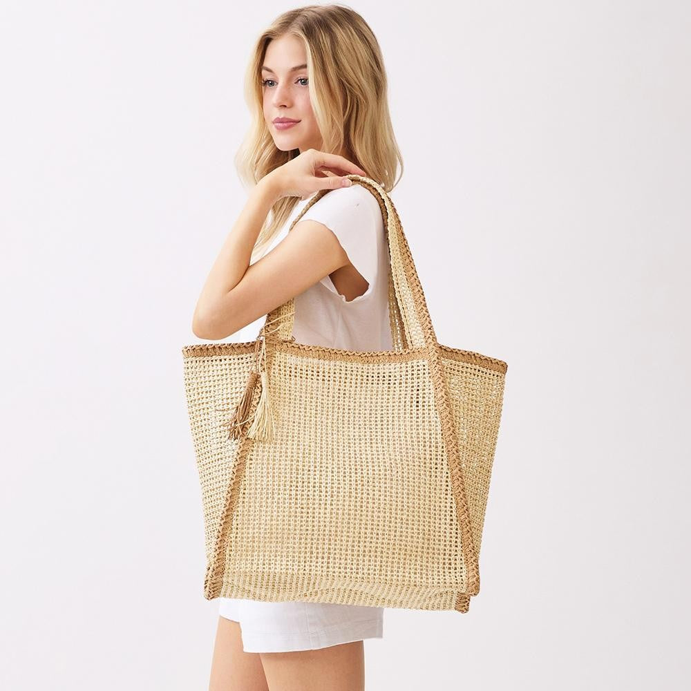 Two Tone Woven Straw Tote Bag | Beige