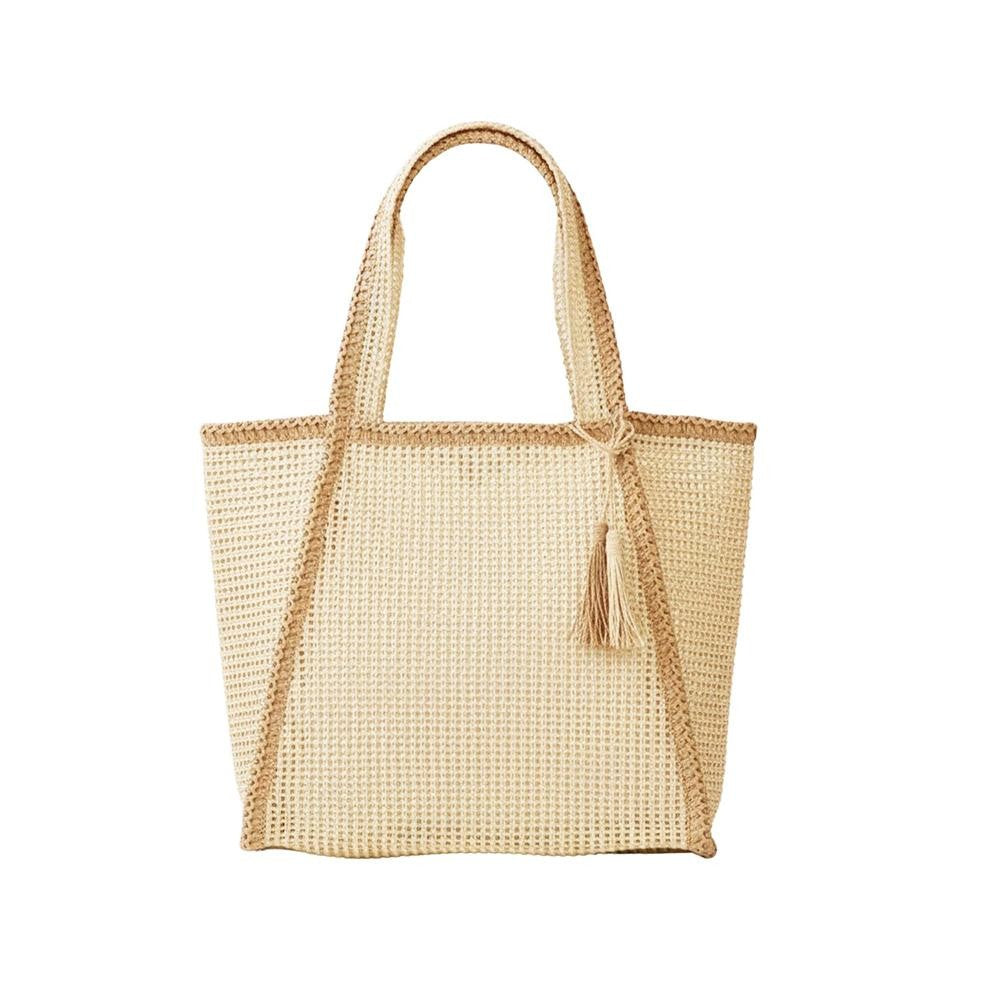 Two Tone Woven Straw Tote Bag | Beige