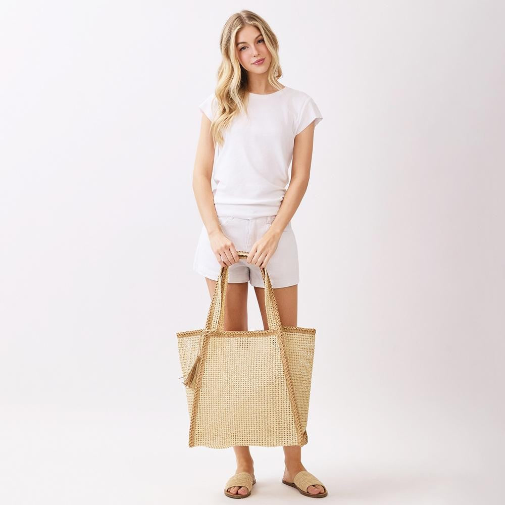 Two Tone Woven Straw Tote Bag | Beige