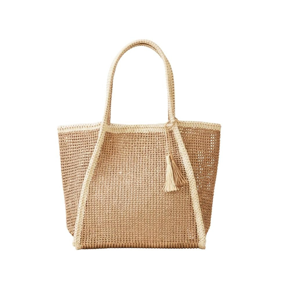 Two Tone Woven Straw Tote Bag | Tan