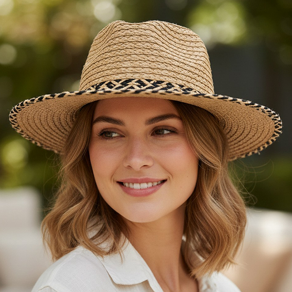 Straw Fedora Black Trim Hat | Natural