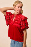 Velvet Pearl Ruffled Front Tie Top | Red