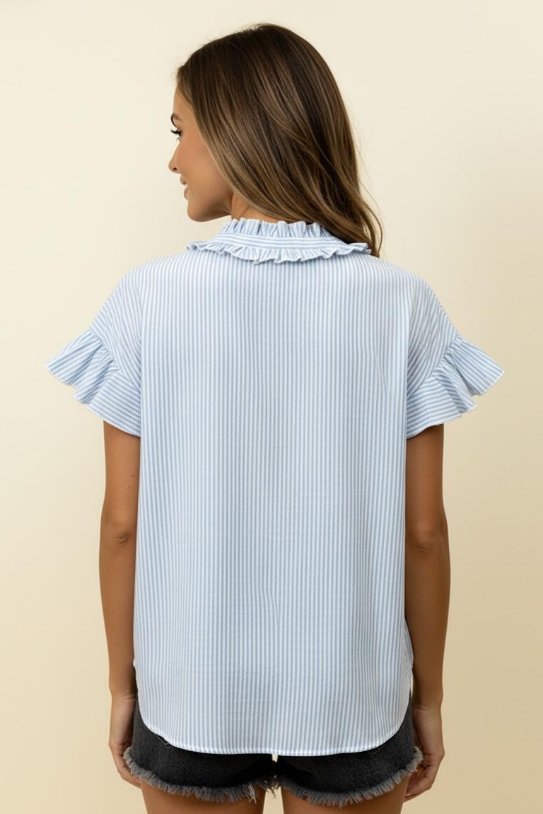 Stripe Frilled Mock Neck Top | Blue