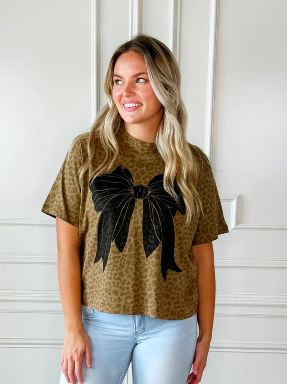 Bow On Leopard Cropped Tee | Brown+Black