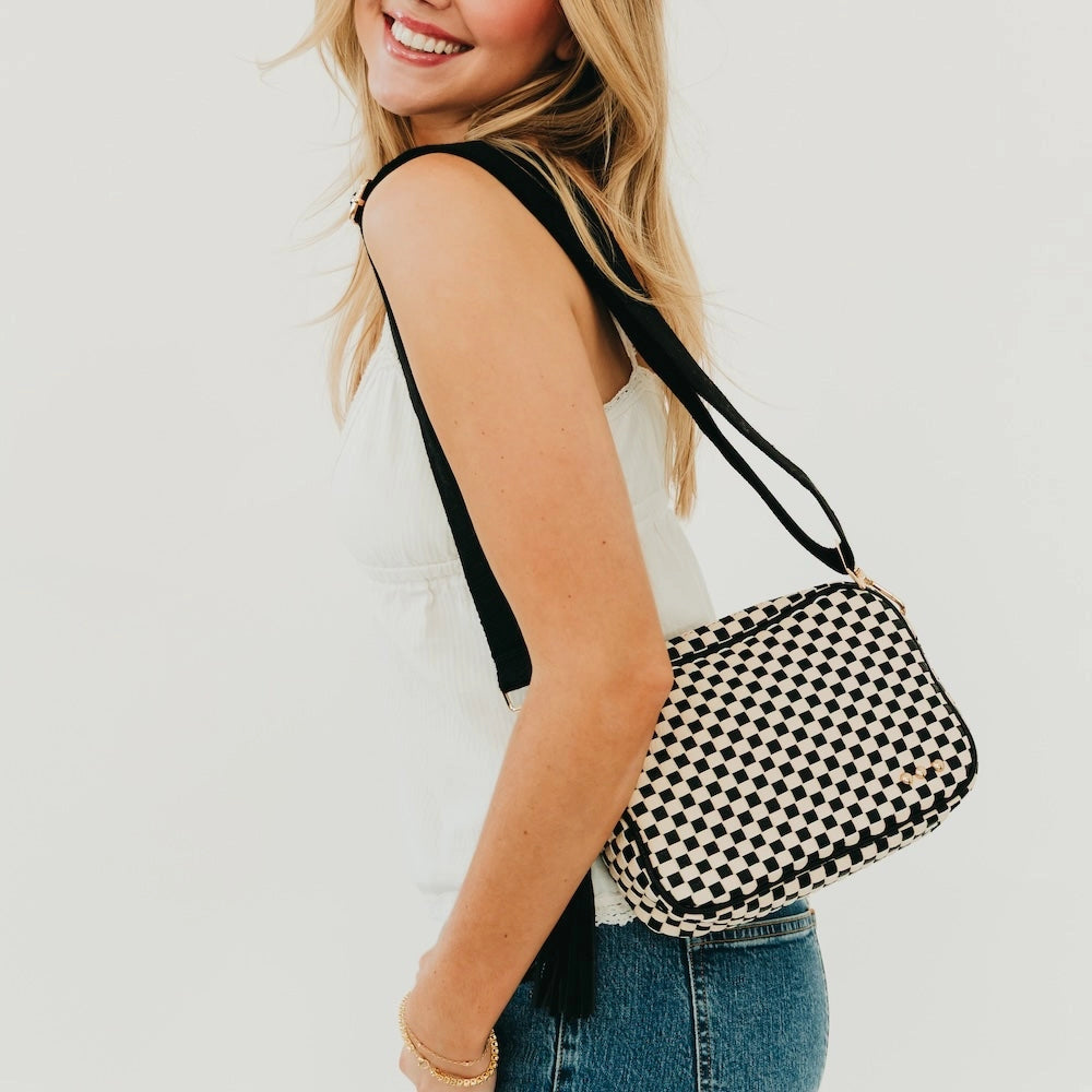 Woven Willow Camera Crossbody Bag | Checkered Black
